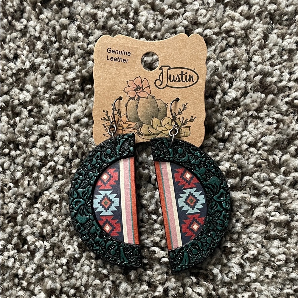 NWT Justin Genuine Leather Half Moon Aztec Print Dangle Earrings